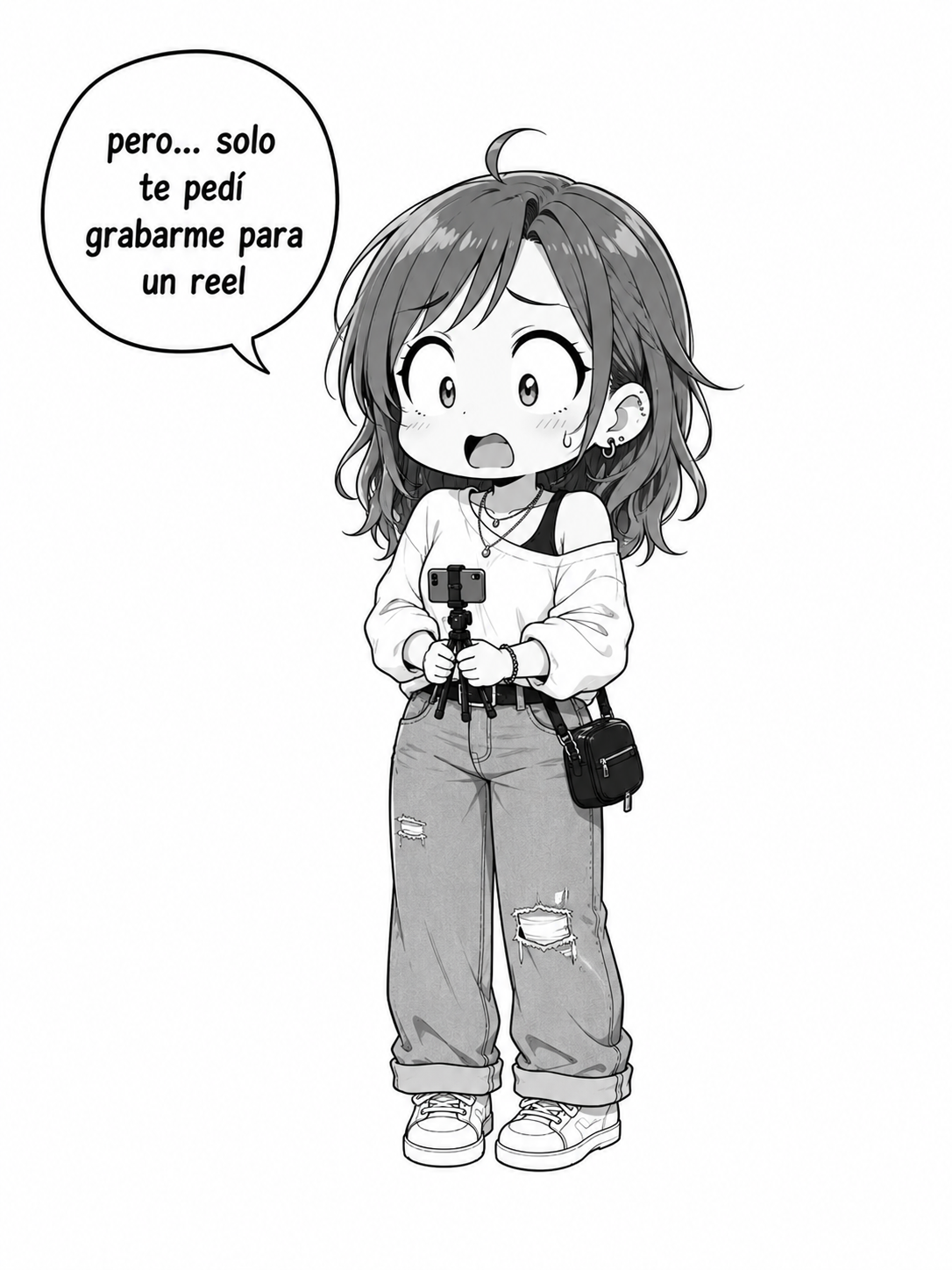 Una joven sostiene un teléfono sobre un trípode pequeño y dice: «Pero... solo te pedí grabarme para un reel»