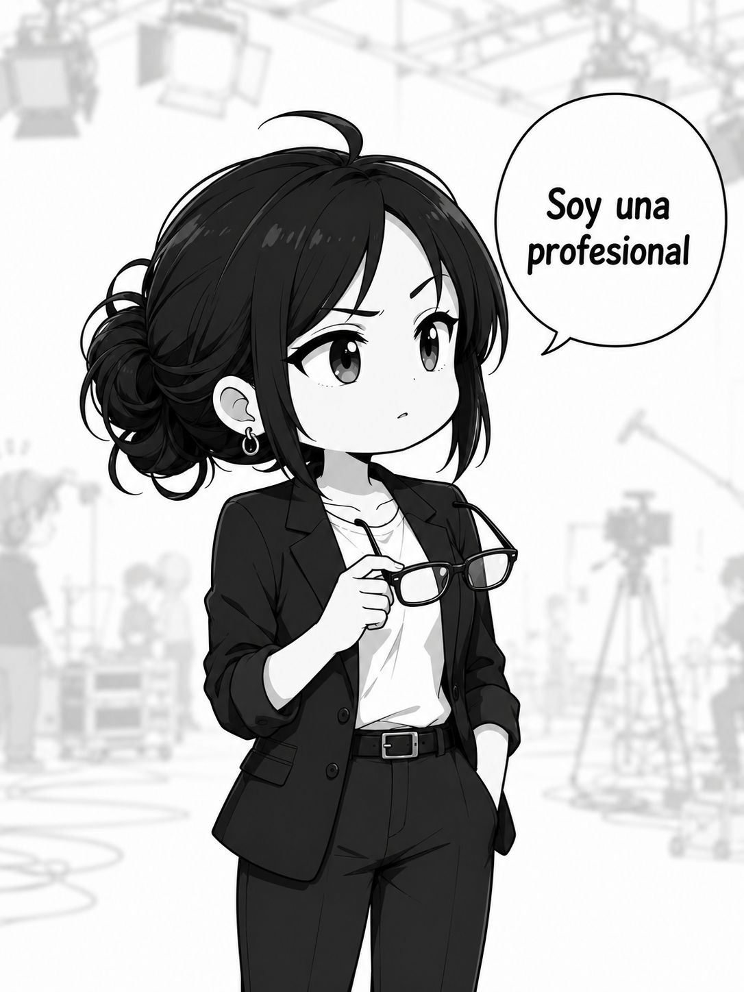 La directora, vestida con traje negro y sosteniendo sus gafas, responde: «Soy una profesional»