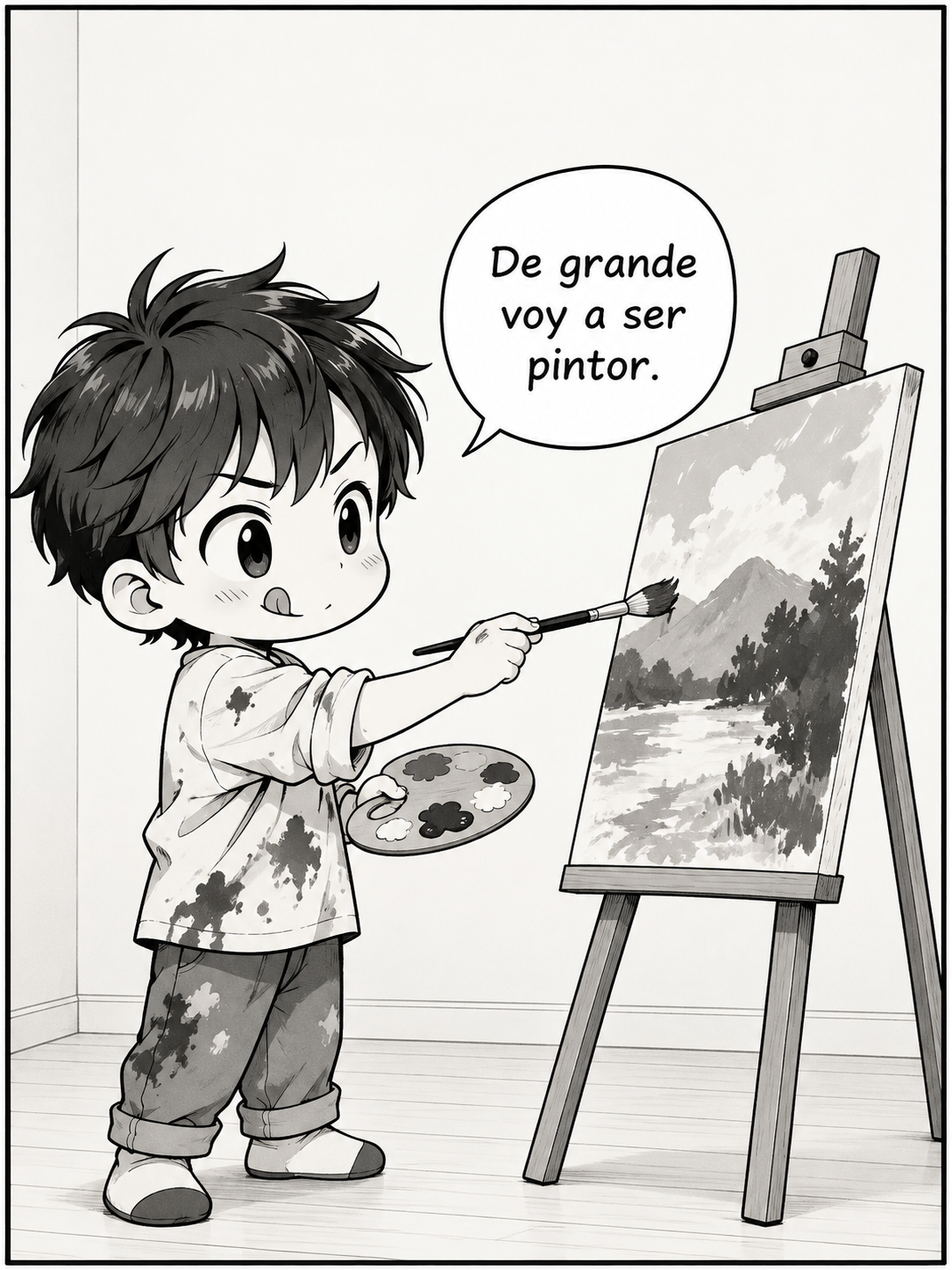 Un niño con manchas de pintura saca la lengua, concentrado, mientras pinta un óleo sobre un caballete y dice: «De grande voy a ser pintor»