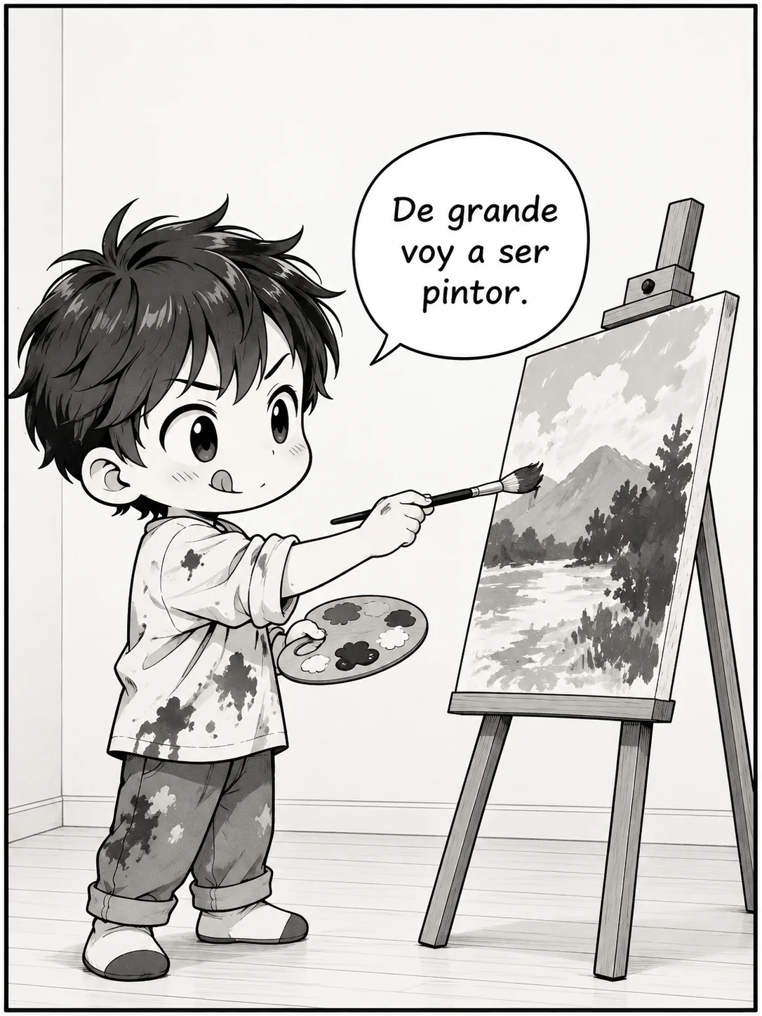Un niño con manchas de pintura saca la lengua, concentrado, mientras pinta un óleo sobre un caballete y dice: «De grande voy a ser pintor»