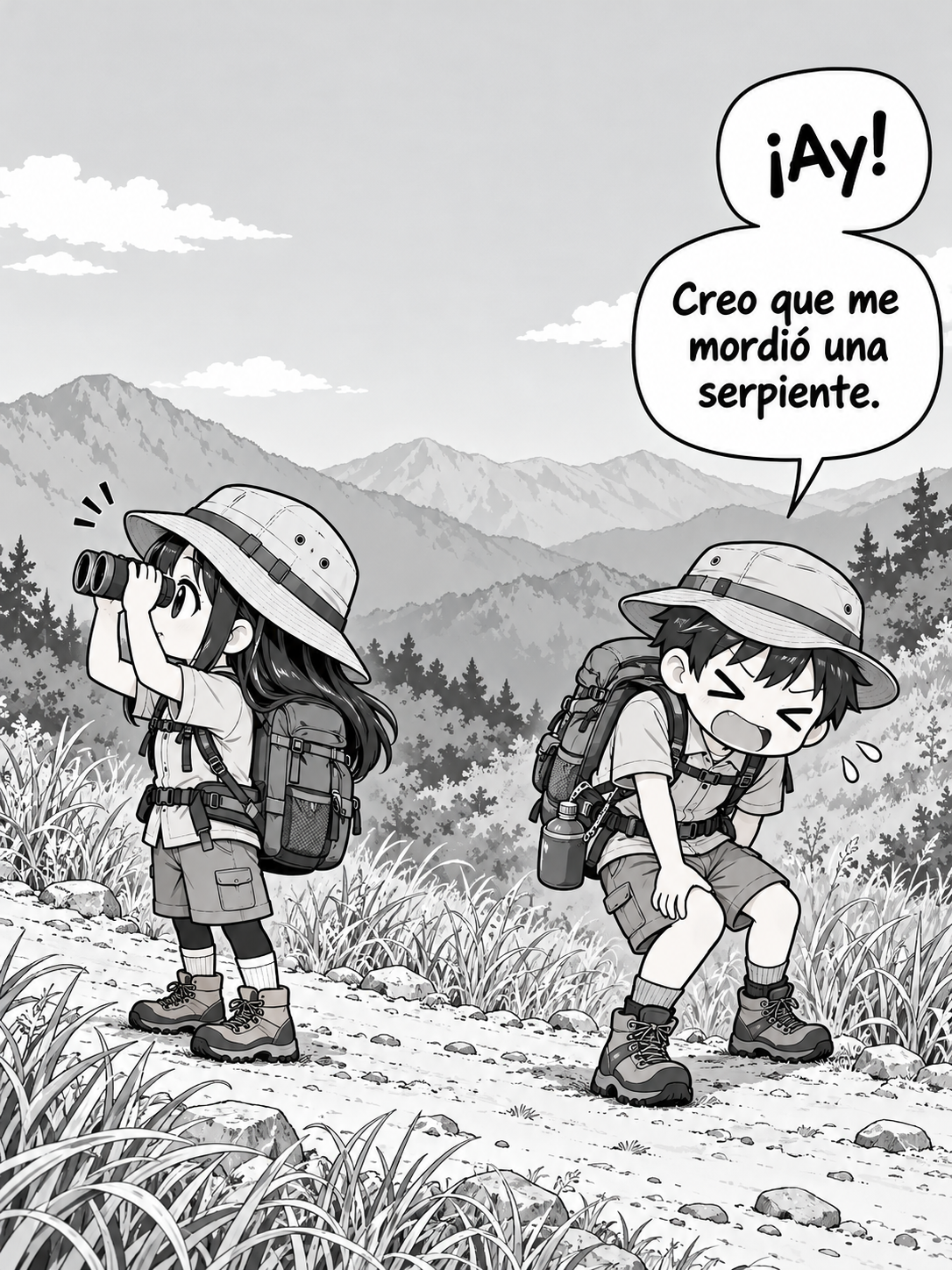 Una pareja de excursionistas camina por un sendero de montaña; ella mira con binoculares y él se agarra el muslo. Él dice: «¡Ay! Creo que me mordió una serpiente»