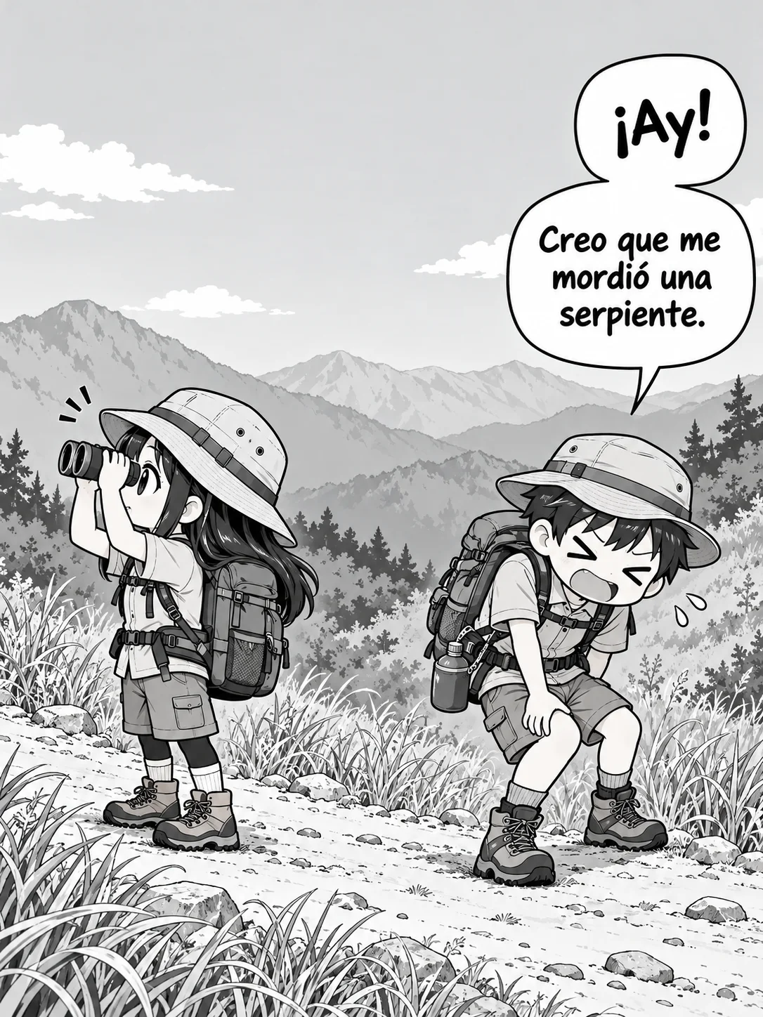 Una pareja de excursionistas camina por un sendero de montaña; ella mira con binoculares y él se agarra el muslo. Él dice: «¡Ay! Creo que me mordió una serpiente»
