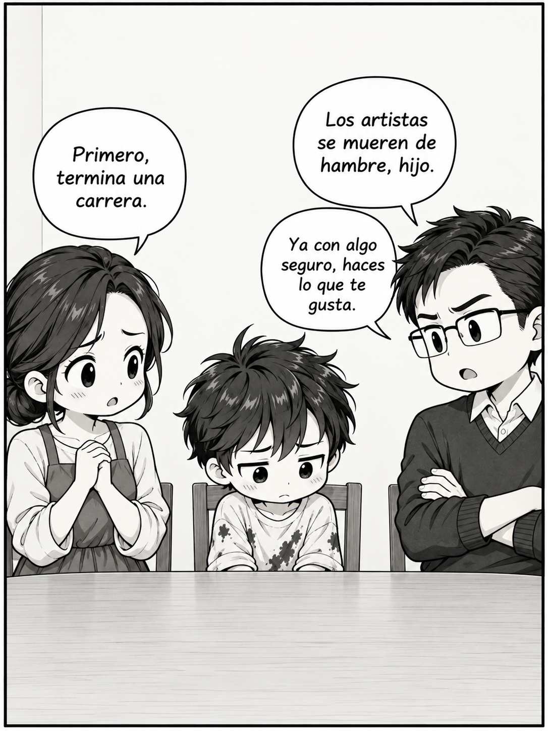 Los padres lo sermonean en la mesa: el papá dice «Los artistas se mueren de hambre, hijo. Ya con algo seguro, haces lo que te gusta» y la mamá «Primero, termina una carrera»