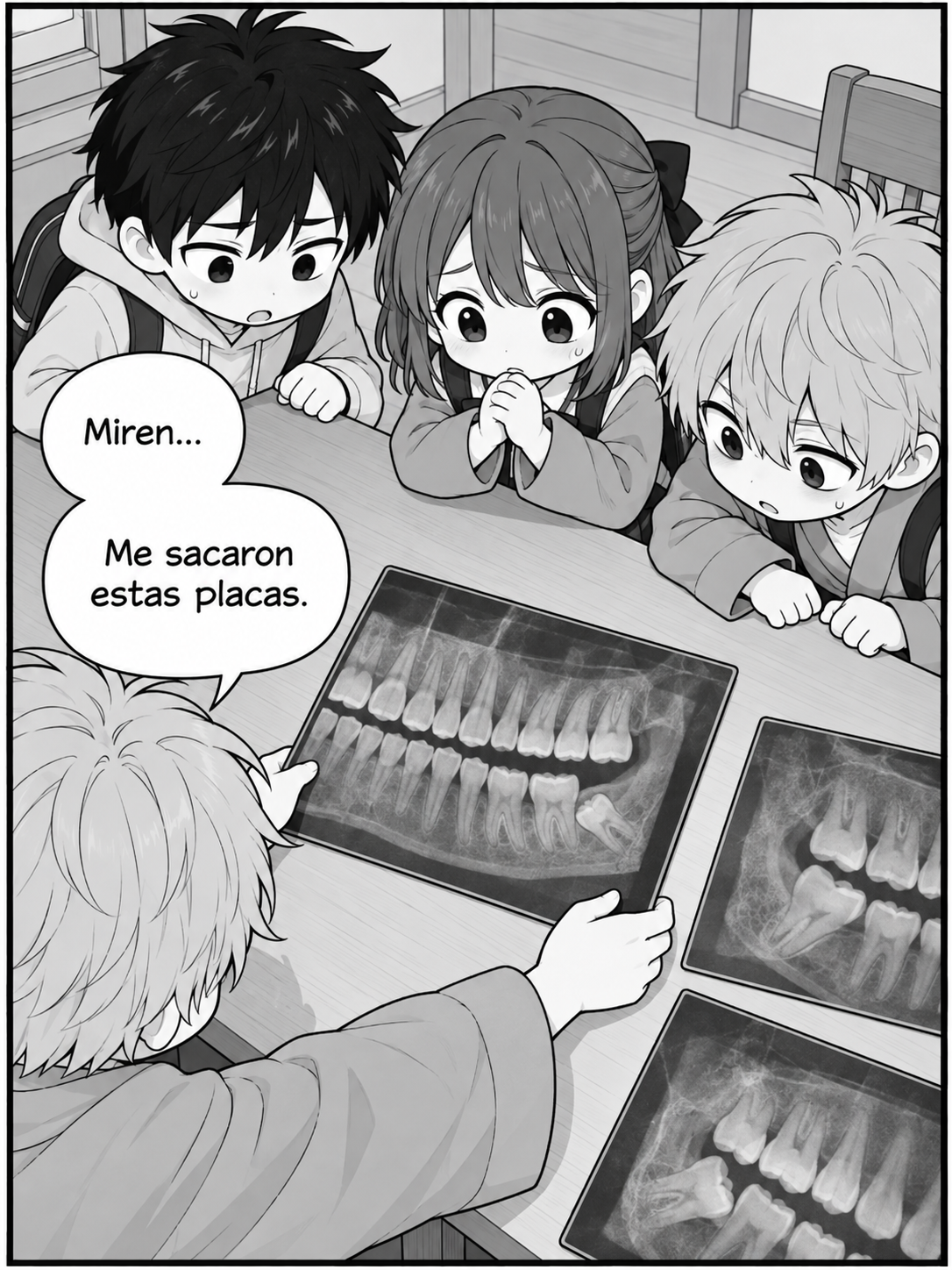 Sentados alrededor de una mesa, el niño les muestra radiografías dentales y dice: «Miren... Me sacaron estas placas»