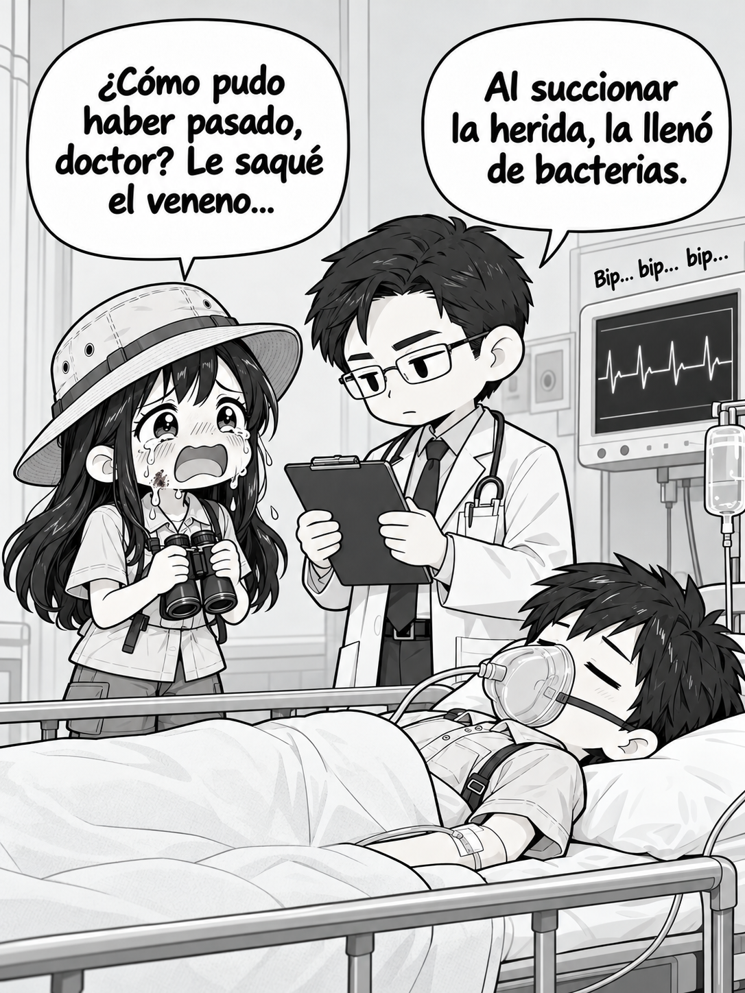 En un hospital, la chica llora junto al chico intubado en una camilla. Dice: «¿Cómo pudo haber pasado, doctor? Le saqué el veneno...» El doctor: «Al succionar la herida, la llenó de bacterias»